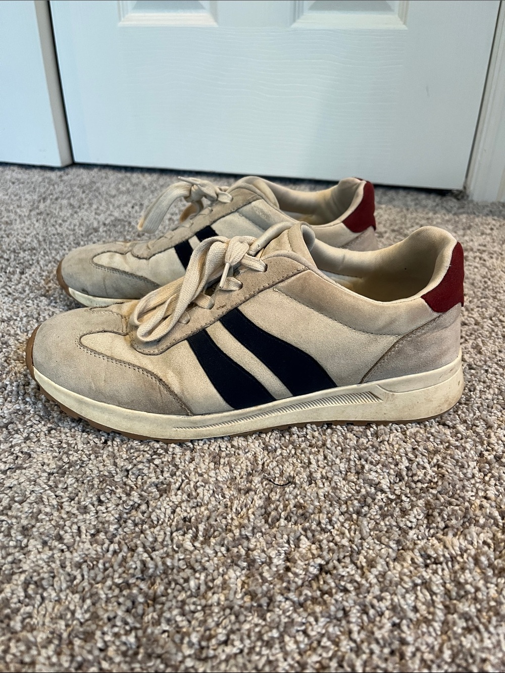 Jellypop Beige Suede Sneakers with Navy Stripes and Red Heel Tab